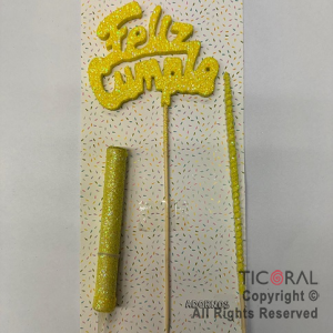 ADORNO DE TORTA SET FELIZ CUMPLE CON BENGALA Y VELA GIBRE AMARILLO x 1